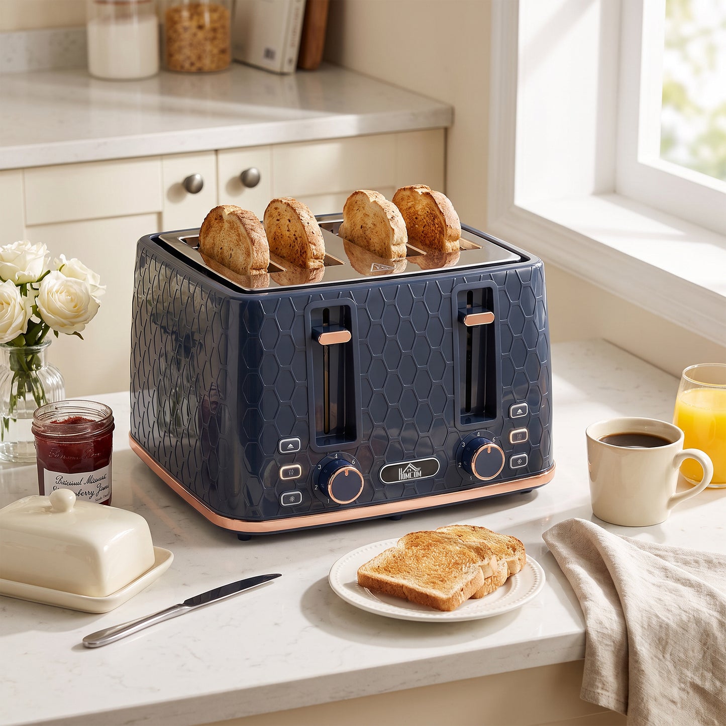 HOMCOM Toaster 4 slice, Toaster with 7 Browning Levels, High Lift, Reheat/Defrost/Cancel, Self-centring Function, Dark Blue
