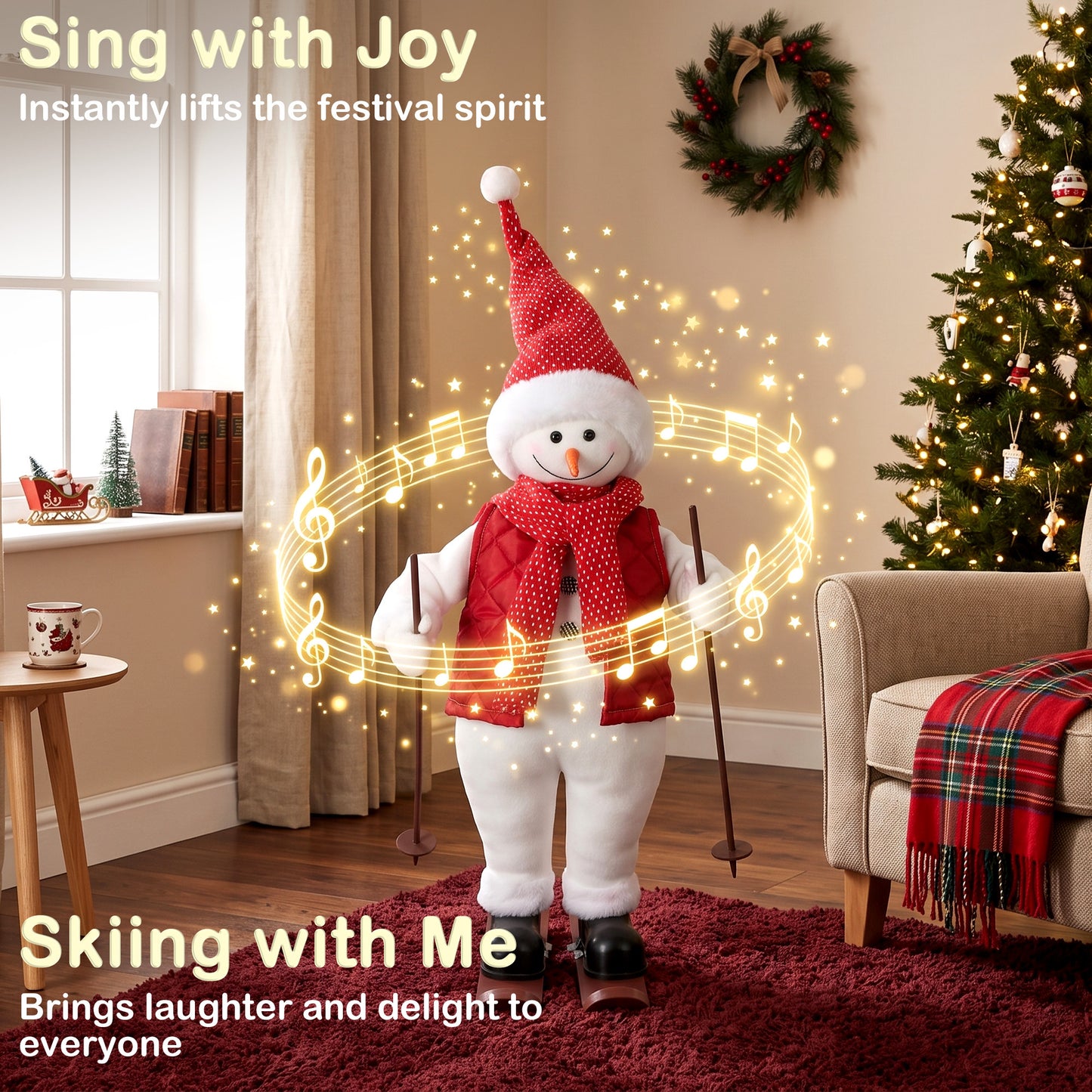 HOMCOM 2ft Singing Skiing Santa Claus, Standing Christmas Animated Santa Figure with Ski Board, Poles, Sound/Touch Activated