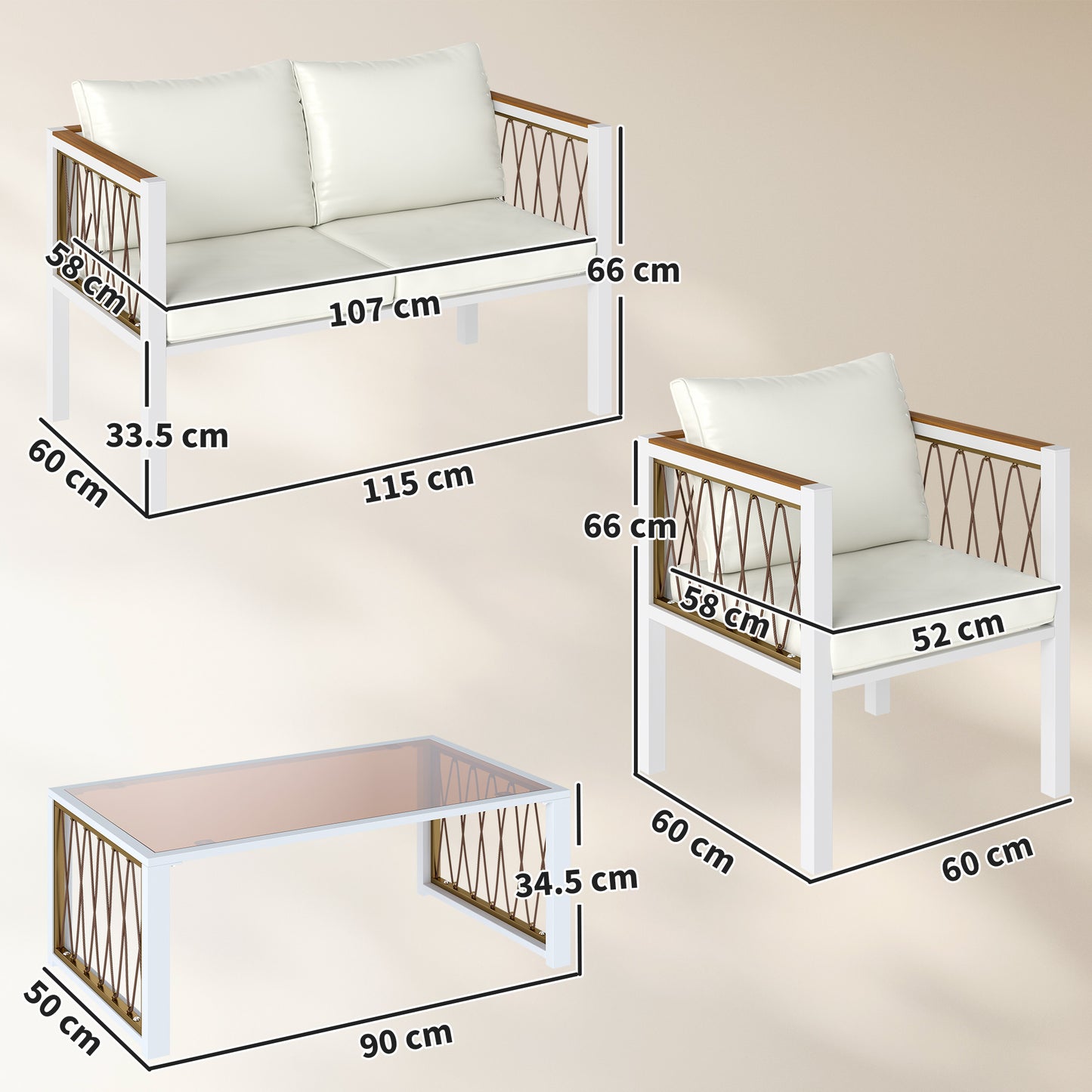 Outsunny 4 Piece Rattan Garden Furniture Set with Loveseat, 2 Armchairs, Cream White