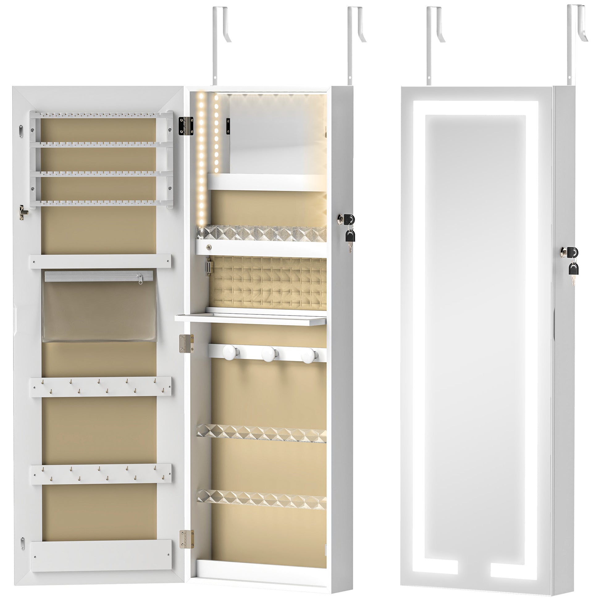 HOMCOM LED Mirror Jewellery Cabinet, Wall Mounted Full Length Mirror with Storage, Lockable Jewellery Organiser, White Default Title