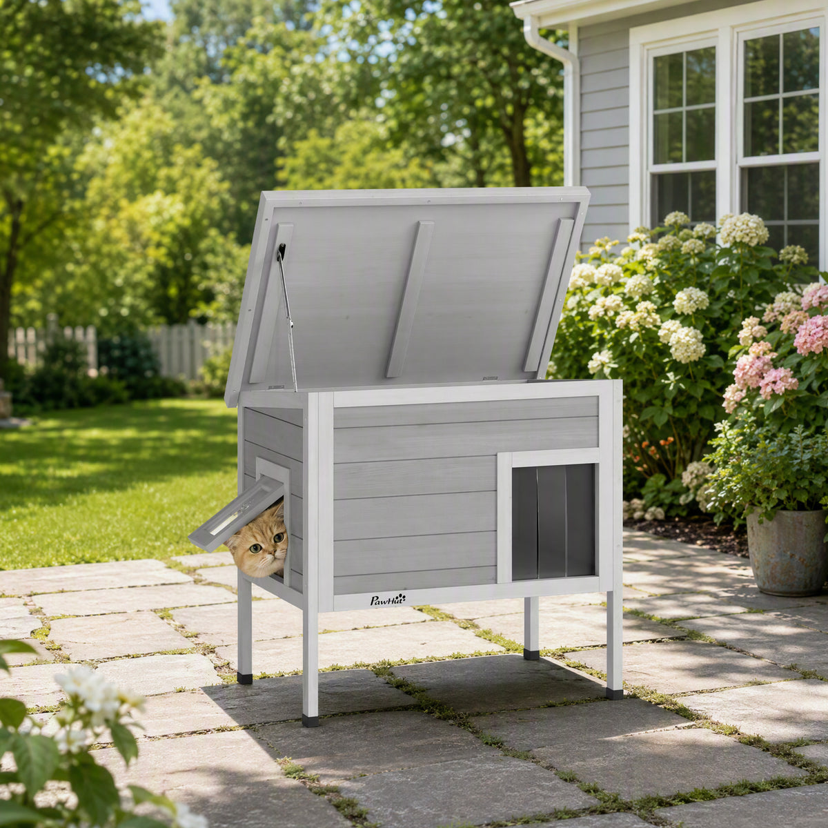 PawHut Outdoor Cat House, Insulated Cat Shelter with Insulated Liner, Waterproof Asphalt Roof, Escape Door, Opening Top