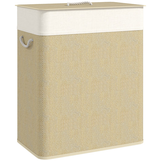 HOMCOM 2 Section Laundry Basket with Lid, 100L Bamboo Laundry Hamper with Handles, Removable and Washable Liner, Cream White
