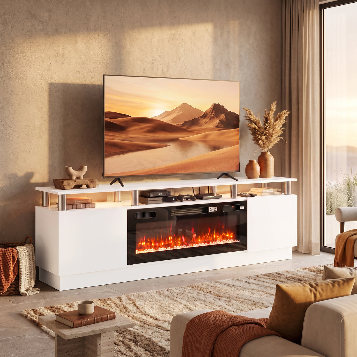 HOMCOM Electric Fireplace TV Stand for 80" TVs, 1800W LED Light Entertainment Center with Adjustable Flame, Remote, White