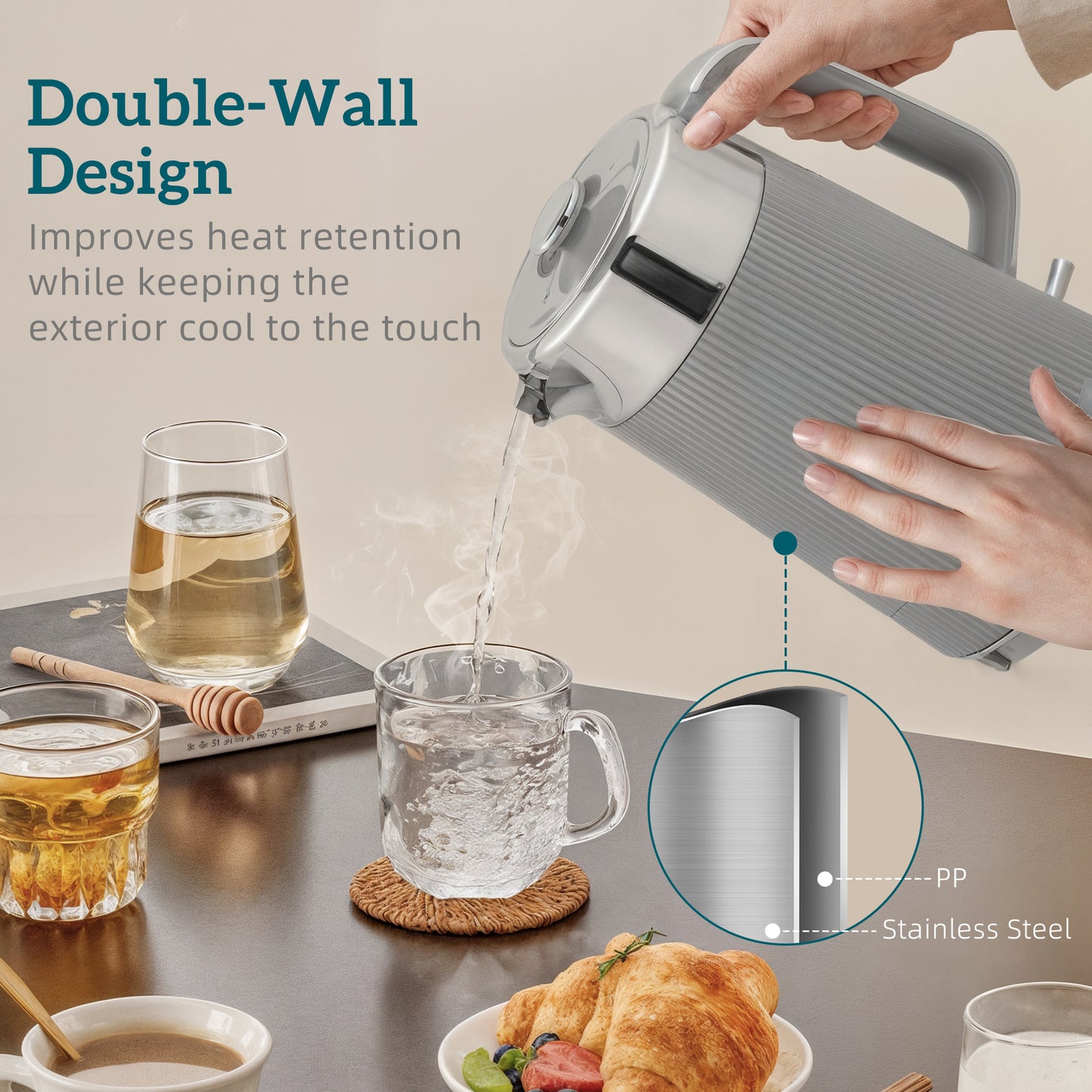 HOMCOM Electric Stainless Steel Kettle and Toaster Set, 3000W 1.7L UK Strix Thermostat Fast Boil Kettle w/ Limescale Filter, Cool Touch Body, 4 Slice Toaster with 7 Browning Levels, Crumb Tray, Taupe