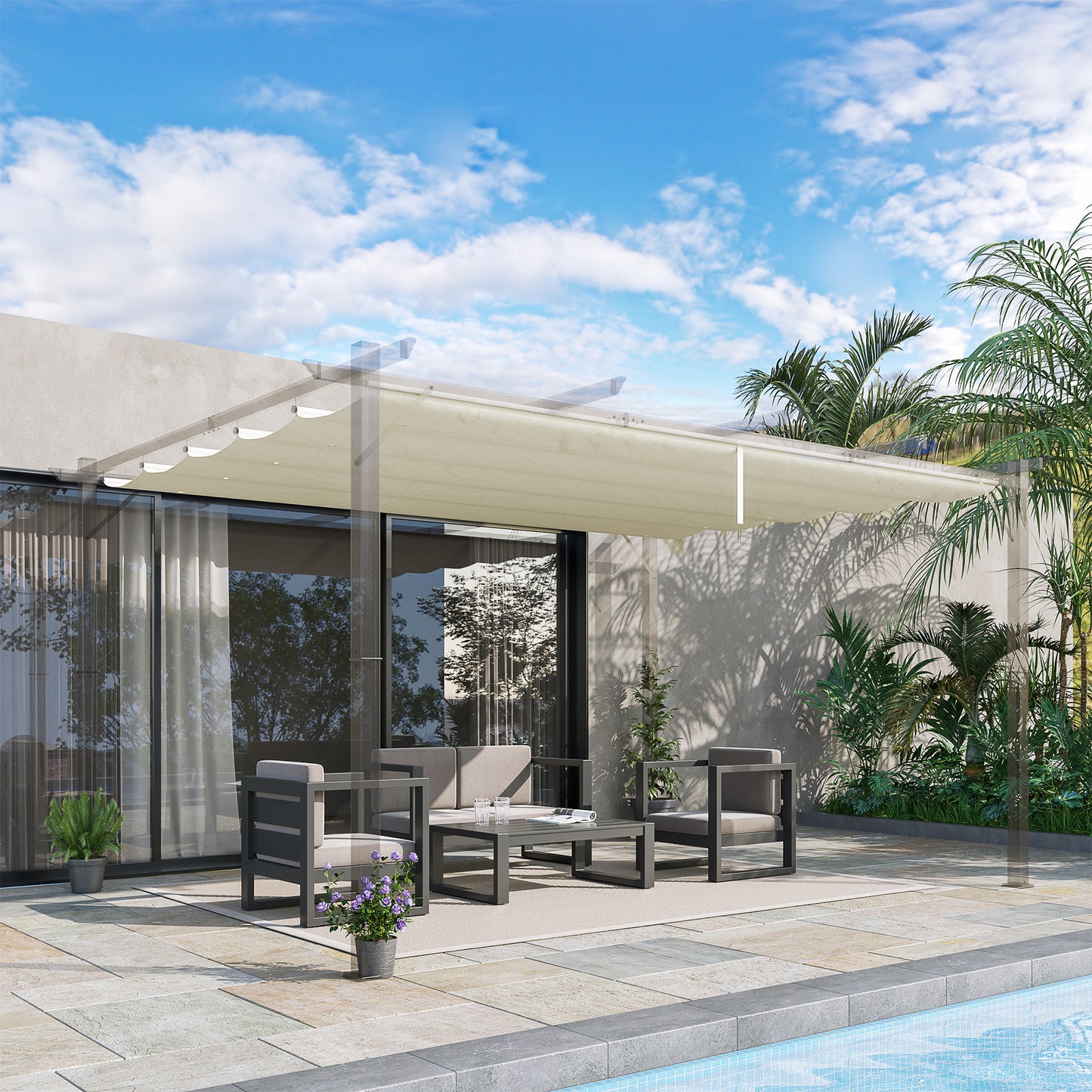 Outsunny Retractable Pergola Shade Cover, Replacement Canopy for 4 x 3 (m) Pergola, Retractable Roof, Cream White