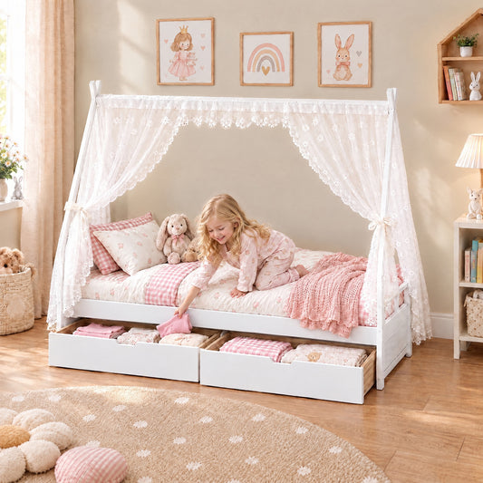 AIYAPLAY Wooden Kids House Bed Frame, Toddler Single Bed with 2 Storage Drawers and Roof, Fits 90x190cm Mattress