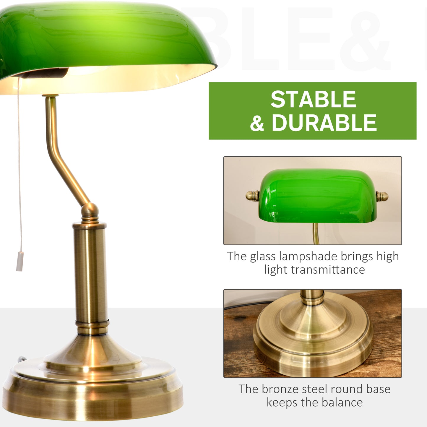 HOMCOM Banker's Table Lamps Set of 2, Desk Lamps with Antique Bronze Tone Base, Green Glass Shade and Pull Rope Switch for Home Office, Living Room, Bedroom, Dining Room, Green