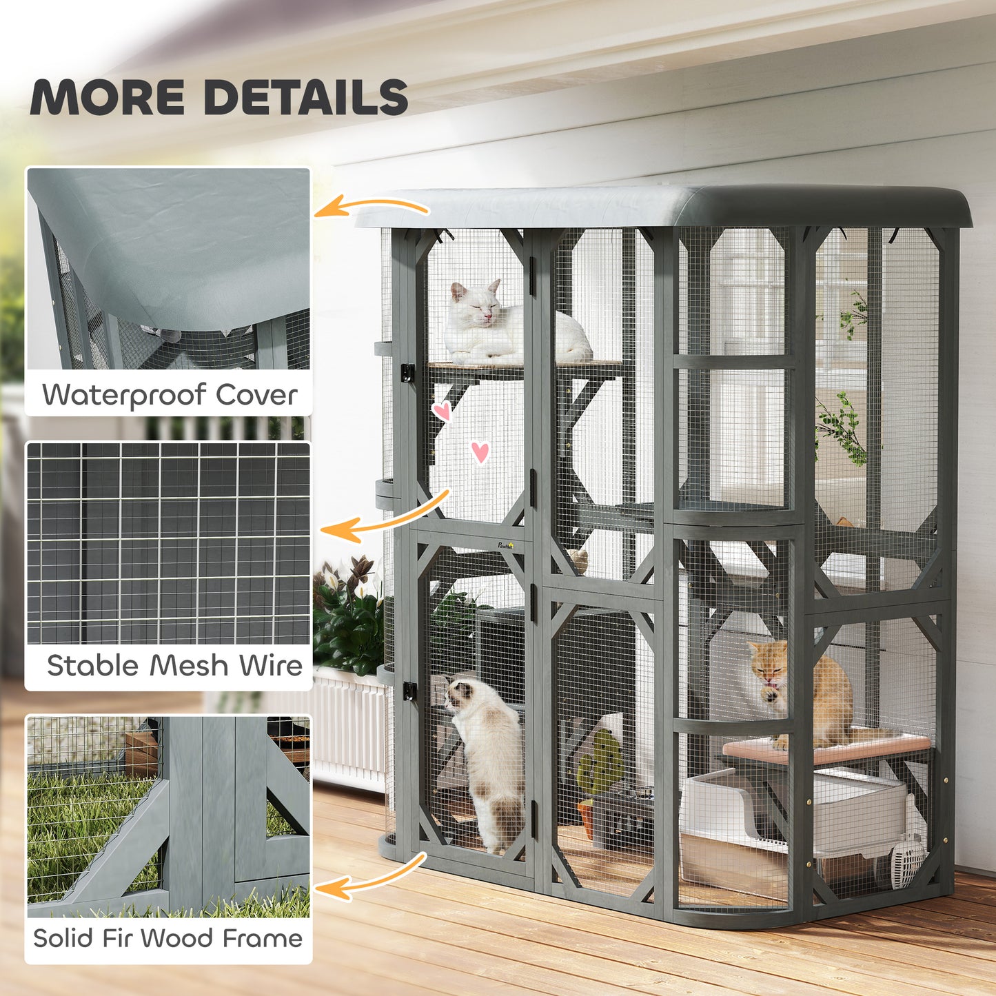 PawHut Catio Outdoor Cat Enclosure,  Wooden Cat House with Platforms, Condo and Waterproof Cover for 2â€“3 Kittens, Grey