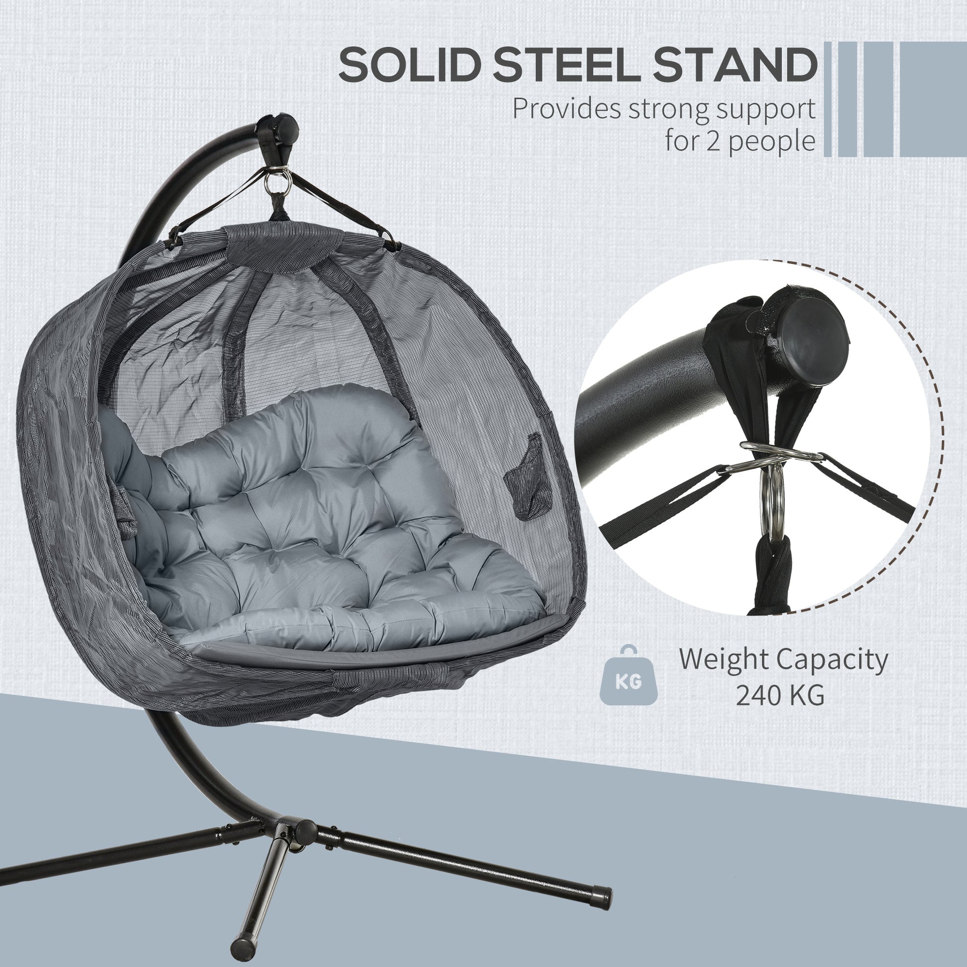 Outsunny Double Hanging Egg Chair 2 Seaters Texteline Swing Hammock Chair with Folding Design, Grey