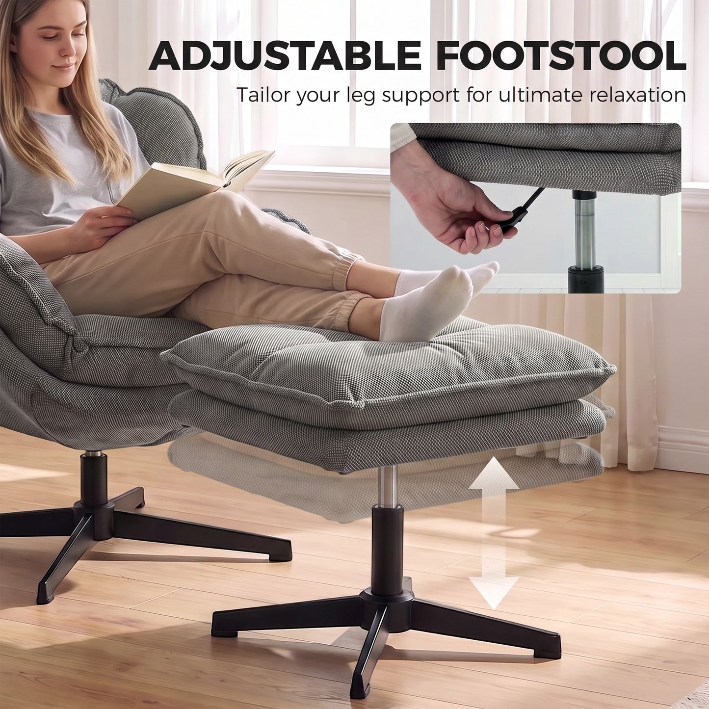 HOMCOM Armchair with Adjustable Footstool, 360Â° Swivel Chenille Cloud Accent Chair with Thick Cushion, Steel Base, Grey