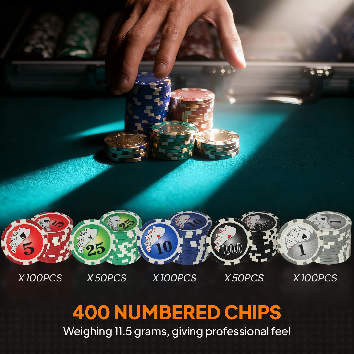 SPORTNOW 400-Piece Poker Chips Set with Lightweight ABS Case, Casino Texas Holdem Poker Set with Mat, 11.5g Numbered Poker Chips, Two Decks of Cards, Dealer, Five Dices, Grey