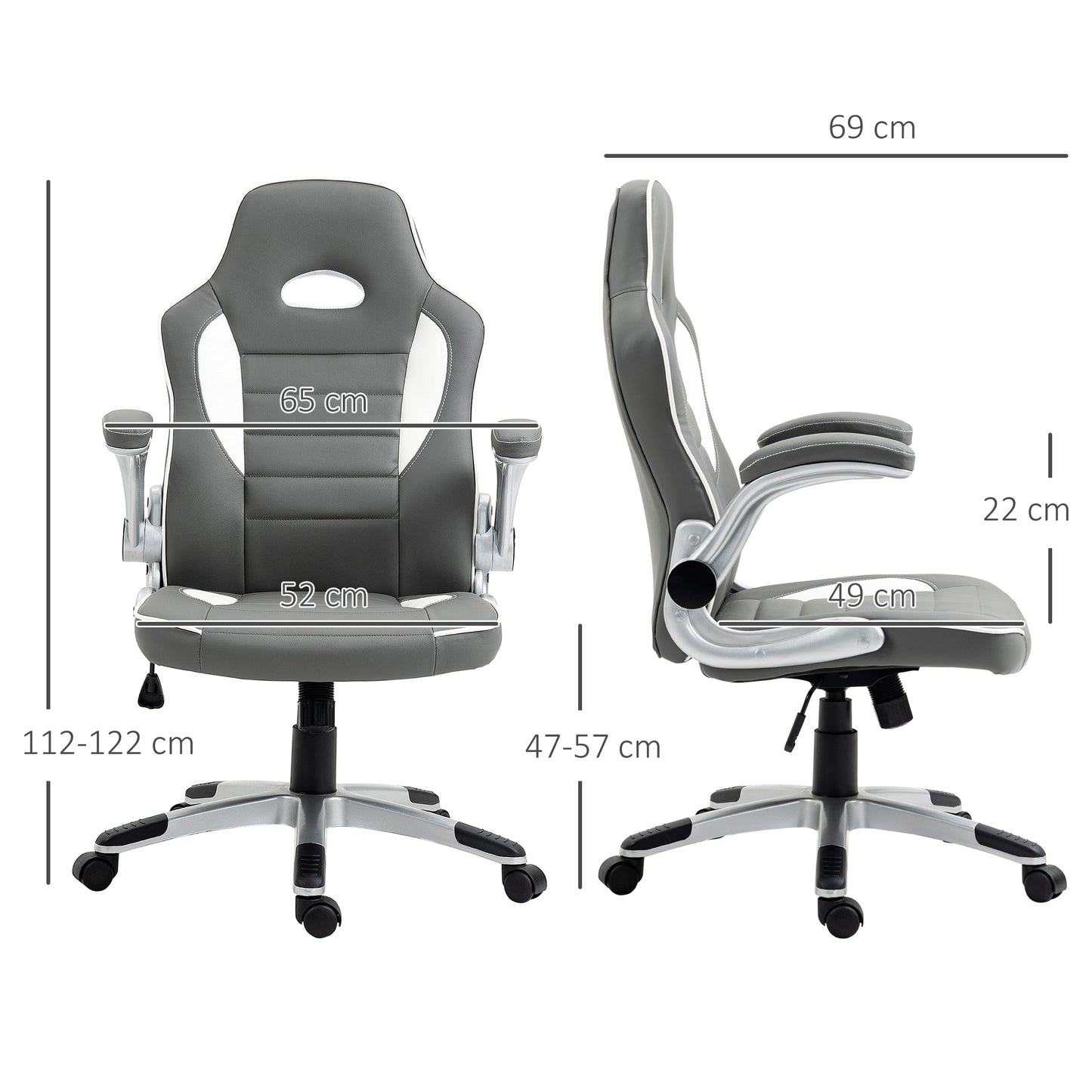 Vinsetto Computer Gaming Chair, Office Desk Swivel Chair, PU Leather Racing Chair with 90Â° Flip-up Armrest, Adjustable Height and Rolling Wheels, Grey