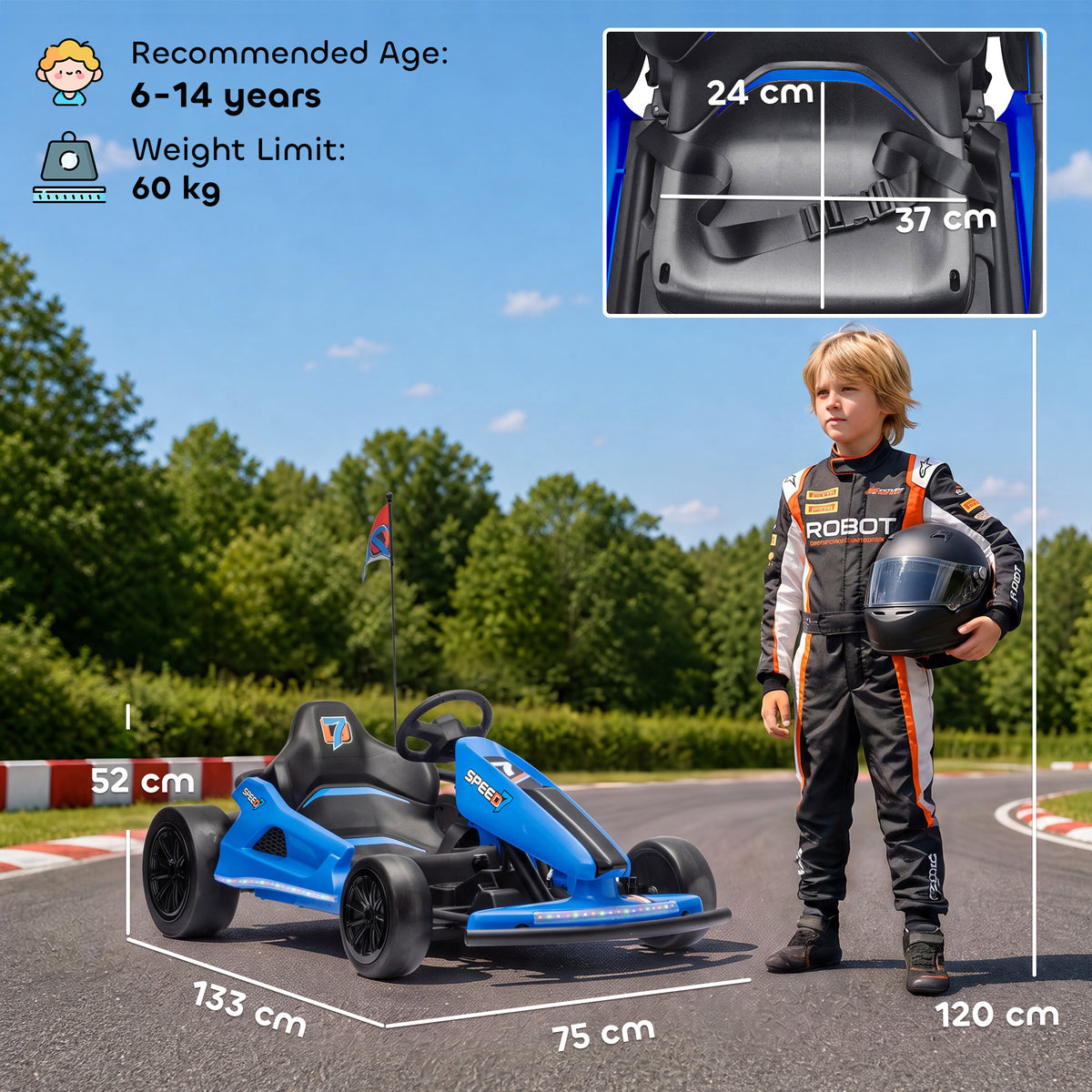 AIYAPLAY 24V Electric Drift Go Kart for Kids with Dual Motors, Soft Start, 12 KM/H High Speed, Headlight, for Ages 6-14, Blue