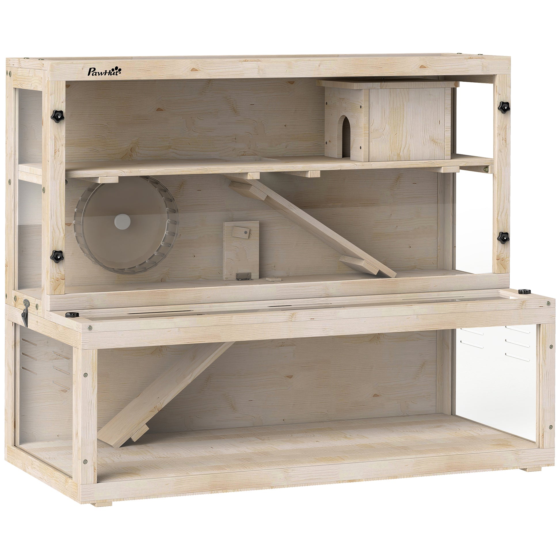 PawHut Wooden Hamster Cage with Hut, Wheel, Ramps, Removable Viewing Panels, 100 x 50 x 84 cm, Natural Wood Default Title