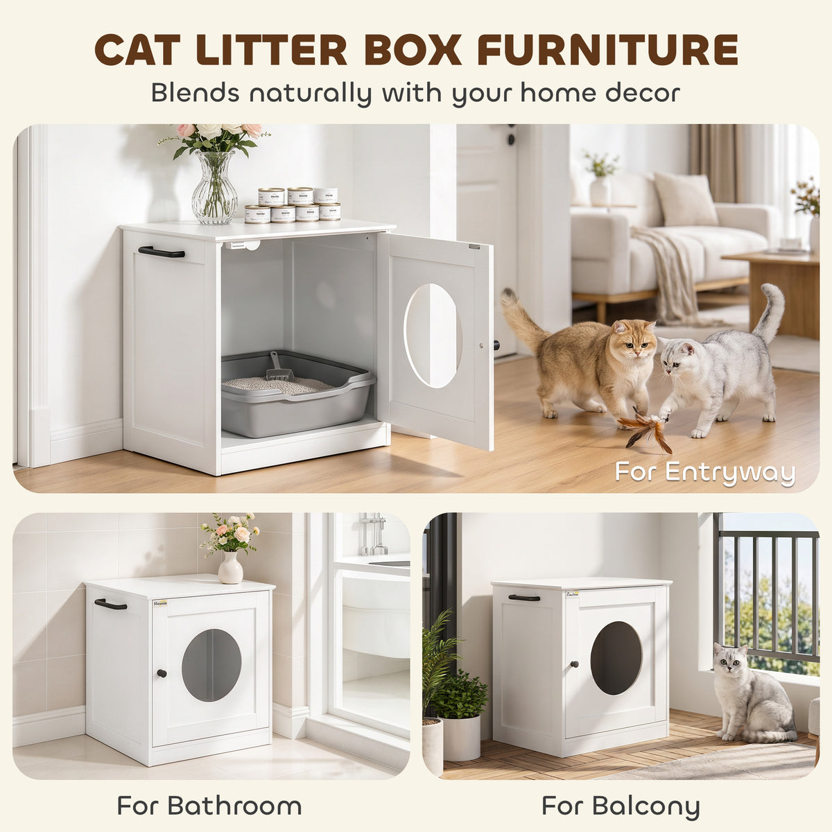 PawHut Cat Litter Box Enclosure, Hidden Litter Box Furniture with Side Hook, Wooden Cat Washroom Storage Cabinet, White