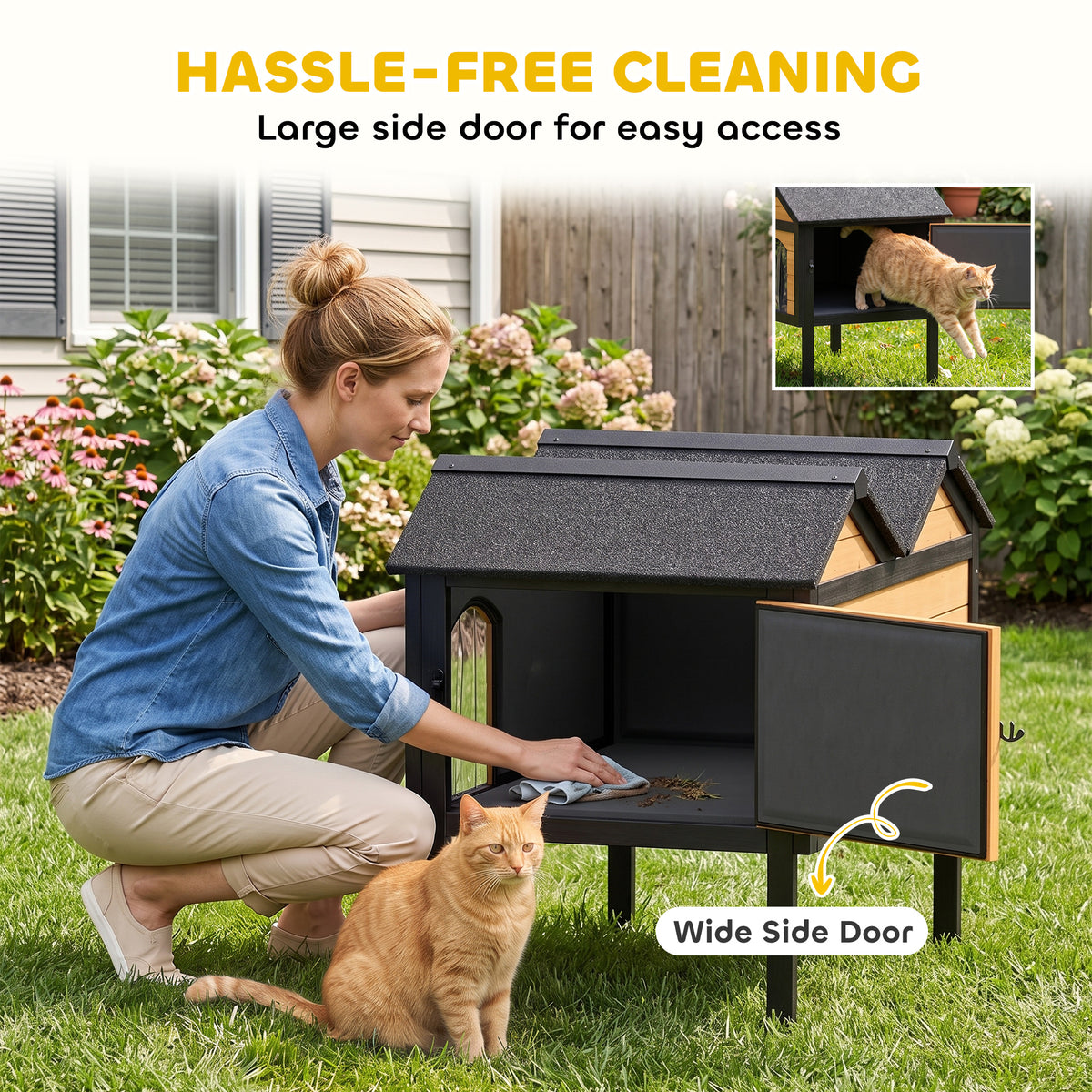 PawHut Wooden Cat House Outdoor Indoor with Weatherproof Asphalt Roof, Side Cleaning Door, PVC Curtain