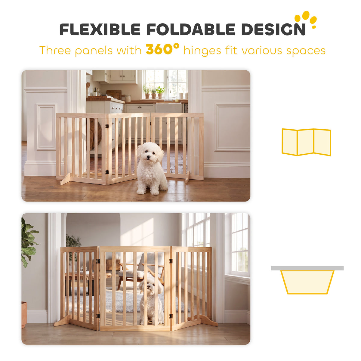 PawHut Wooden Dog Gate, 3-Panel Freestanding Pet Gates Indoor with 2 Support Feet and 360Â° Flexible Hinges, Natural