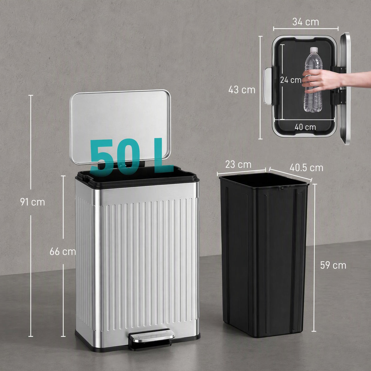 HOMCOM 50L Kitchen Bin, Pedal Bin with Soft-Close and Stay-Open Lid, Removable Inner Bucket, Silver Tone