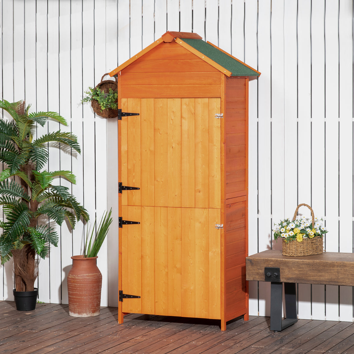 Outsunny Wooden Outdoor Storage Shed, Compact Utility Outdoor Tool Shed with Lockable Double Doors and Shelves, Orange