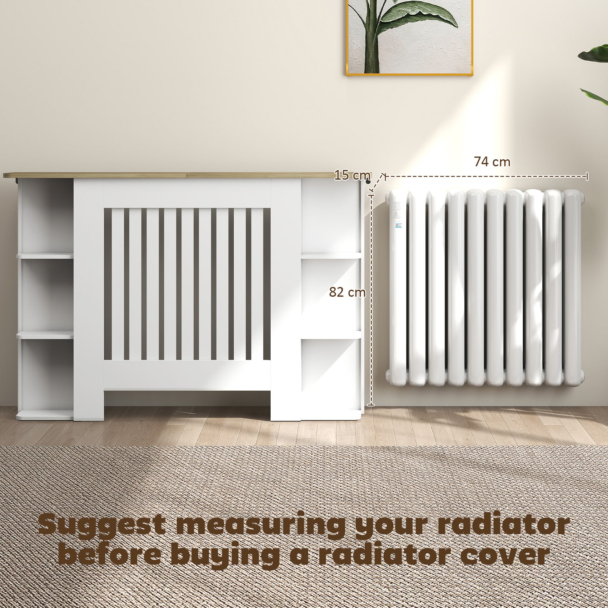 HOMCOM Radiator Cover with Open Storage Shelves, Vertical Slatted Cabinet Shelf Heater Cover for Living Room, Hallway, Medium, White