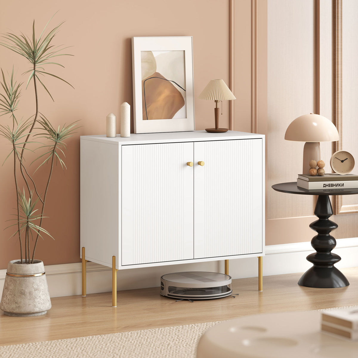 HOMCOM Modern Sideboard Cabinet with Fluted Doors, Kitchen Storage Cabinet with Adjustable Shelf and Steel Legs, White