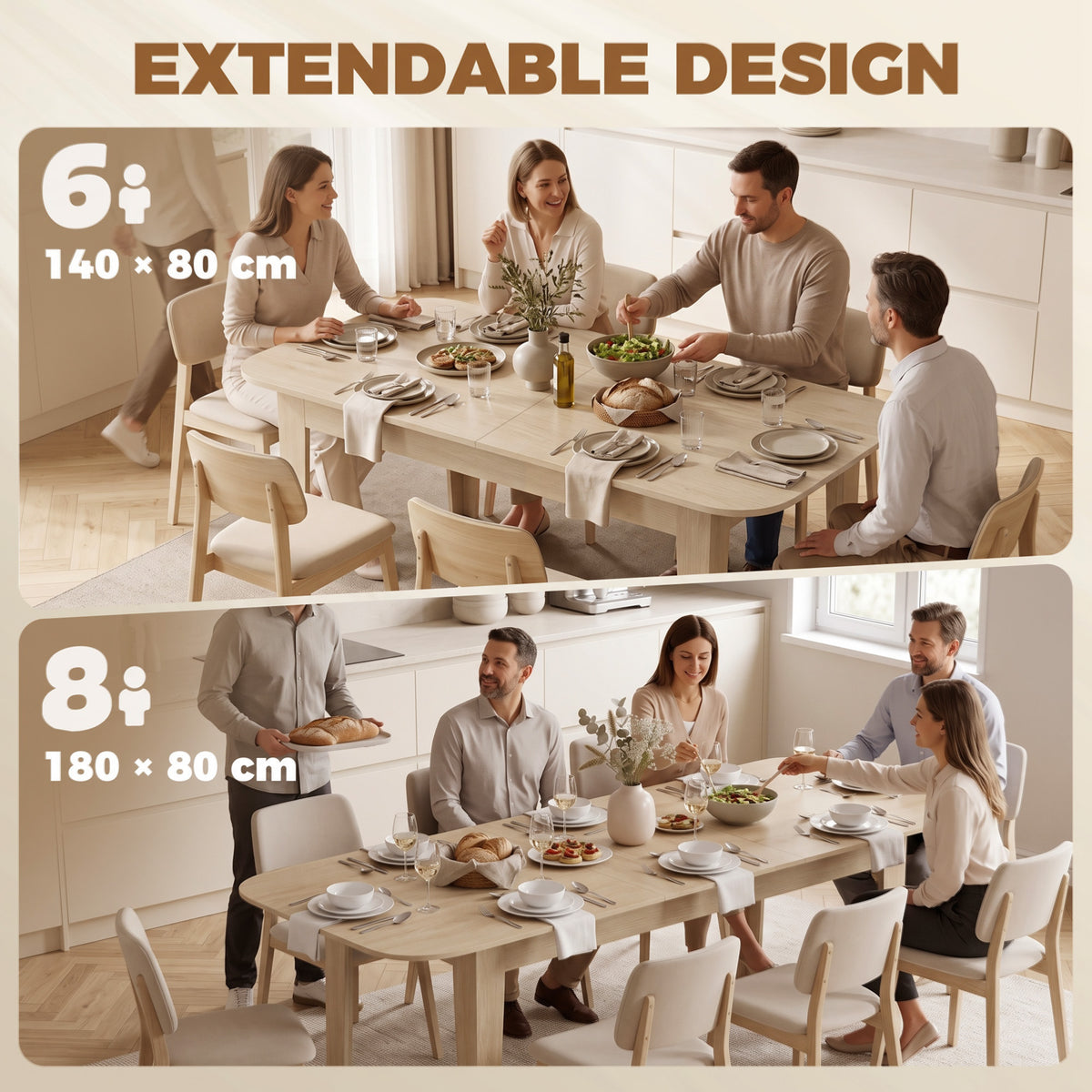 HOMCOM Extendable Oval Dining Table for 4-6, Modern Expandable Kitchen Table, Round Edges, Oak