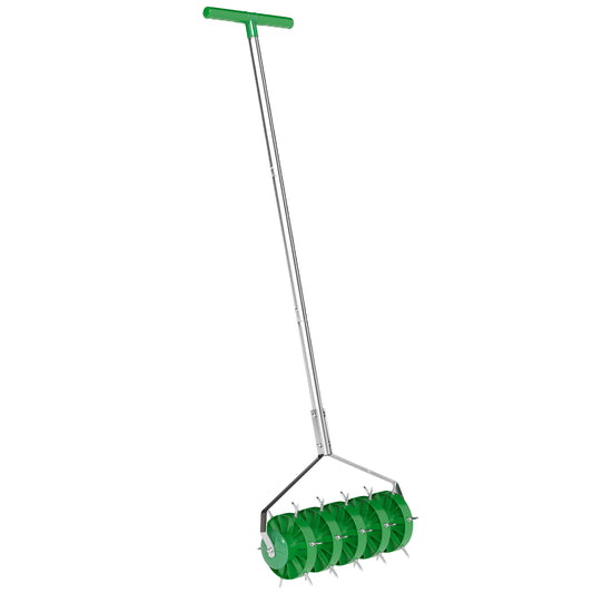 Outsunny Rolling Lawn Aerator, Manual Grass Spike Roller, Heavy Duty Garden Aerator with 3 Piece Detachable Handle and T-bar Grip, Outdoor Garden Lawn Tool, Dark Green