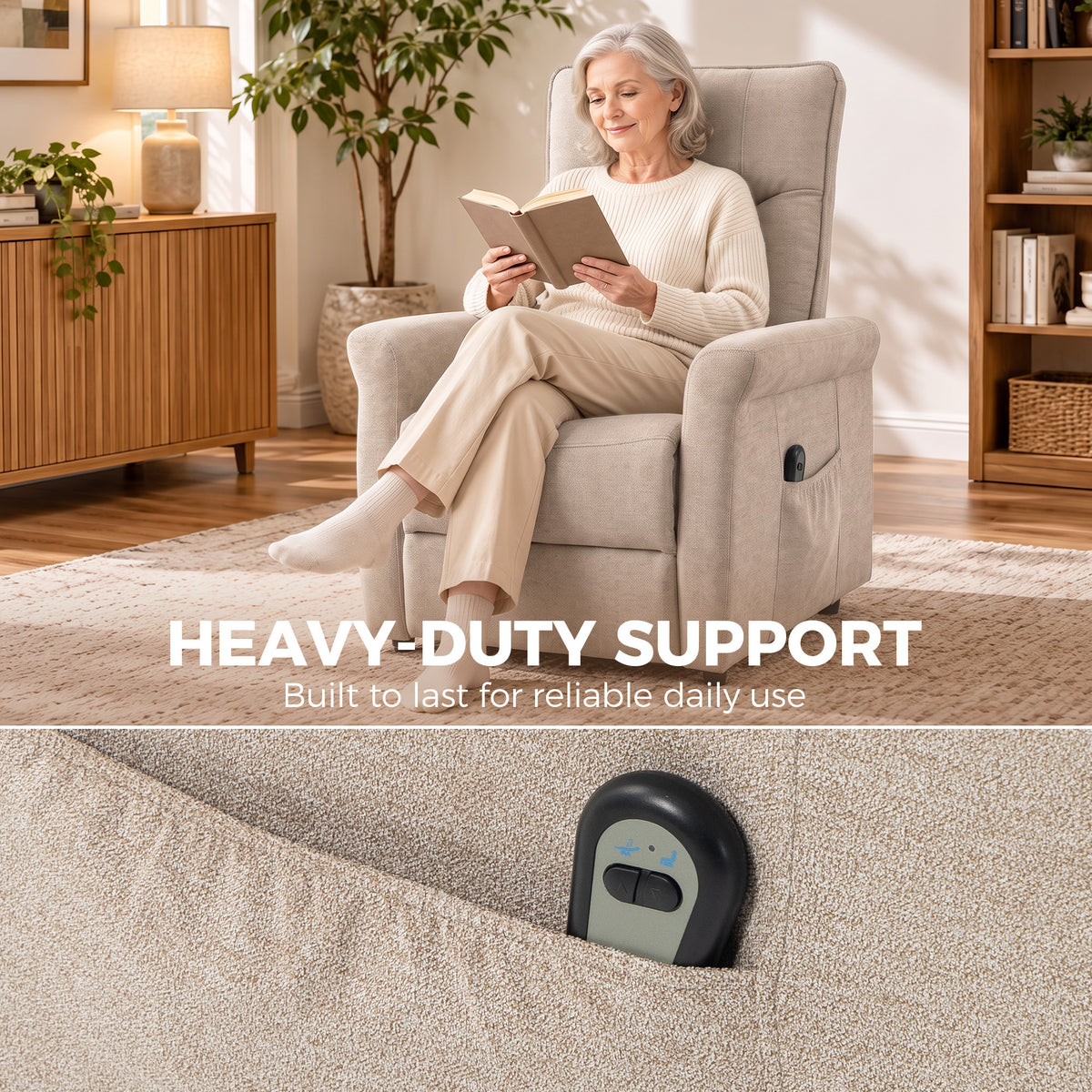 HOMCOM Power Lift Chair, Chenille Rise and Recliner Armchair with Pocket Spring, Footrest, Remote for Living Room, Light Brown