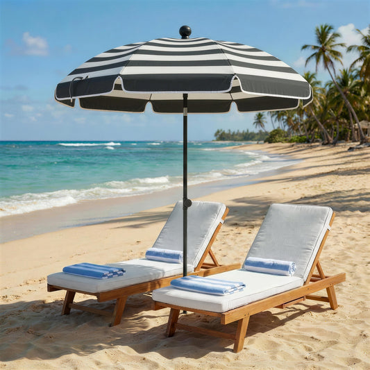 Outsunny 1.8 m Beach Umbrella Parasol with Sand Anchor, Portable 30Â° Tilting Patio Sun Shade with Adjustable Height, Grey/White
