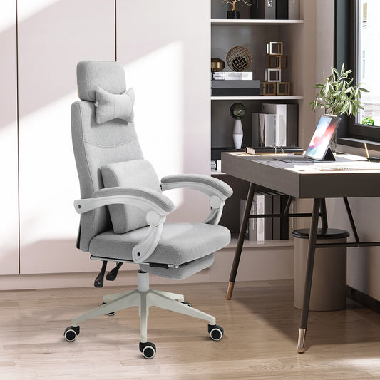 Vinsetto Office Chair, Ergonomic Desk Chair, High Back Fabric Work Chair with 160Â° Reclining Backrest, Retractable Footrest, Neck and Lumbar Pillow for Home and Study, Grey