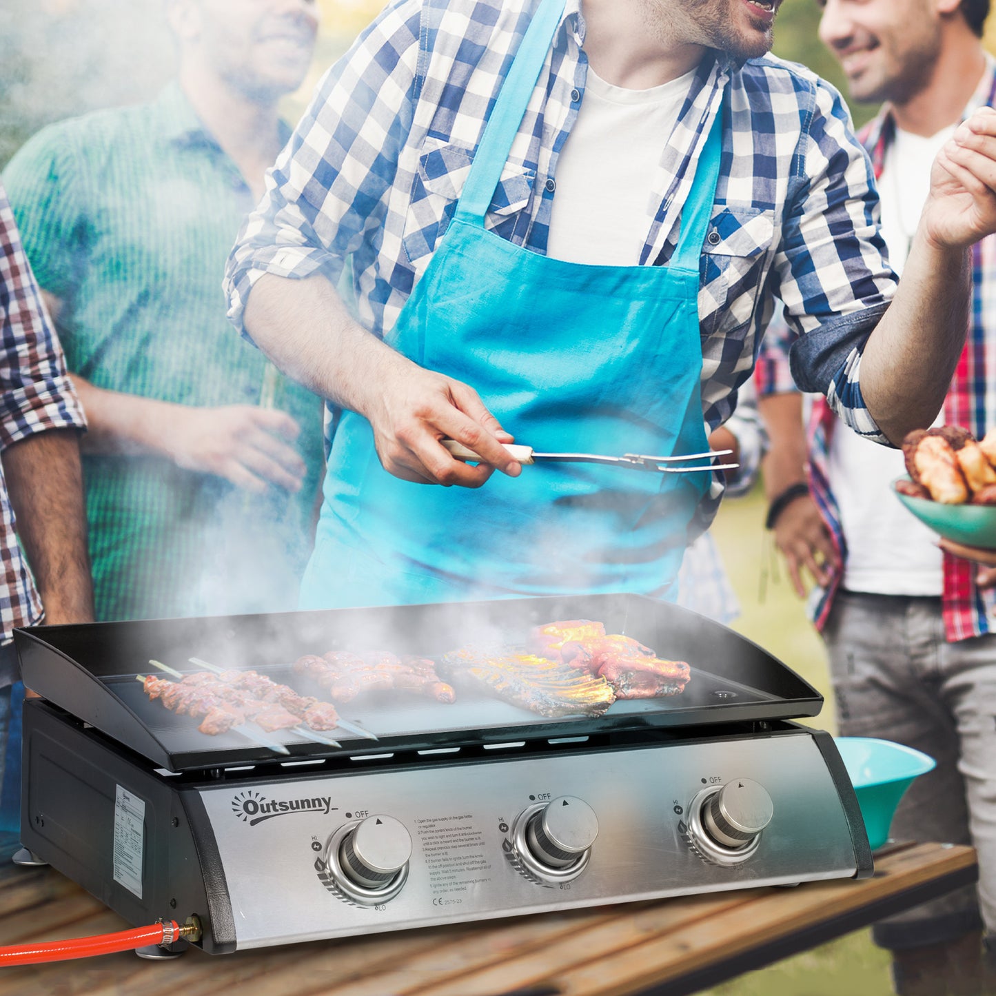 Outsunny Gas Plancha Barbecue Grill with 3 Stainless Steel Burner, 9kW, Portable Tabletop Gas BBQ with Non-Stick Griddle for Camping Picnic Garden Party Festival