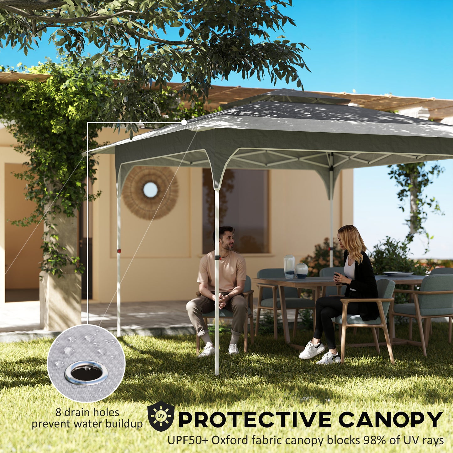Outsunny 3.5 x 3.5 m Pop Up Gazebo with One-Push Setup, UPF50+ Double Tier Garden Party Tent Marquee with Carry Bag, Dark Grey