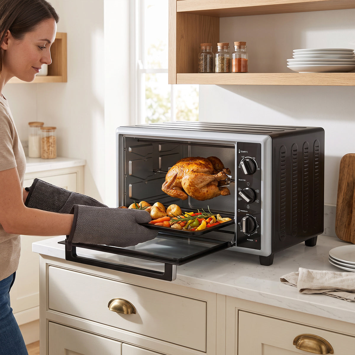 HOMCOM 36L Mini Oven with Convection, Electric Countertop Cooker with Rotisserie, 90â€“230Â°C Adjustable Temperature, 1500 W