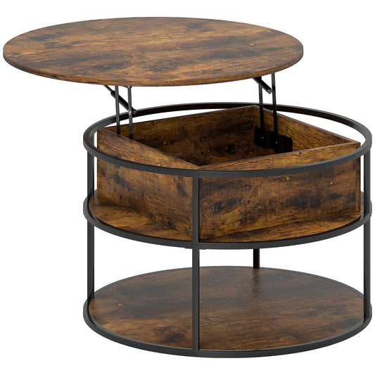 HOMCOM Lift Top Coffee Table, Round Coffee Table with Storage Shelf, Hidden Compartment and Steel Frame for Living Room, Home Office, Brown