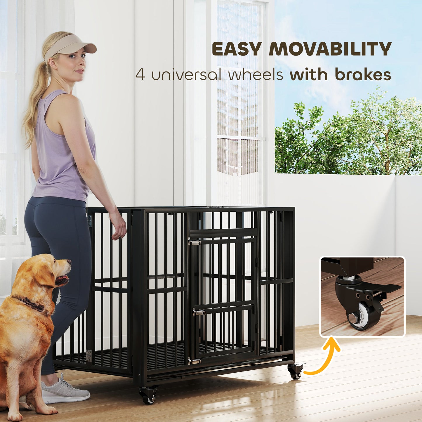 PawHut 43" Heavy Duty Dog Crate, Foldable Dog Cage, with Openable Top, Locks, Removable Tray, Wheels - Black