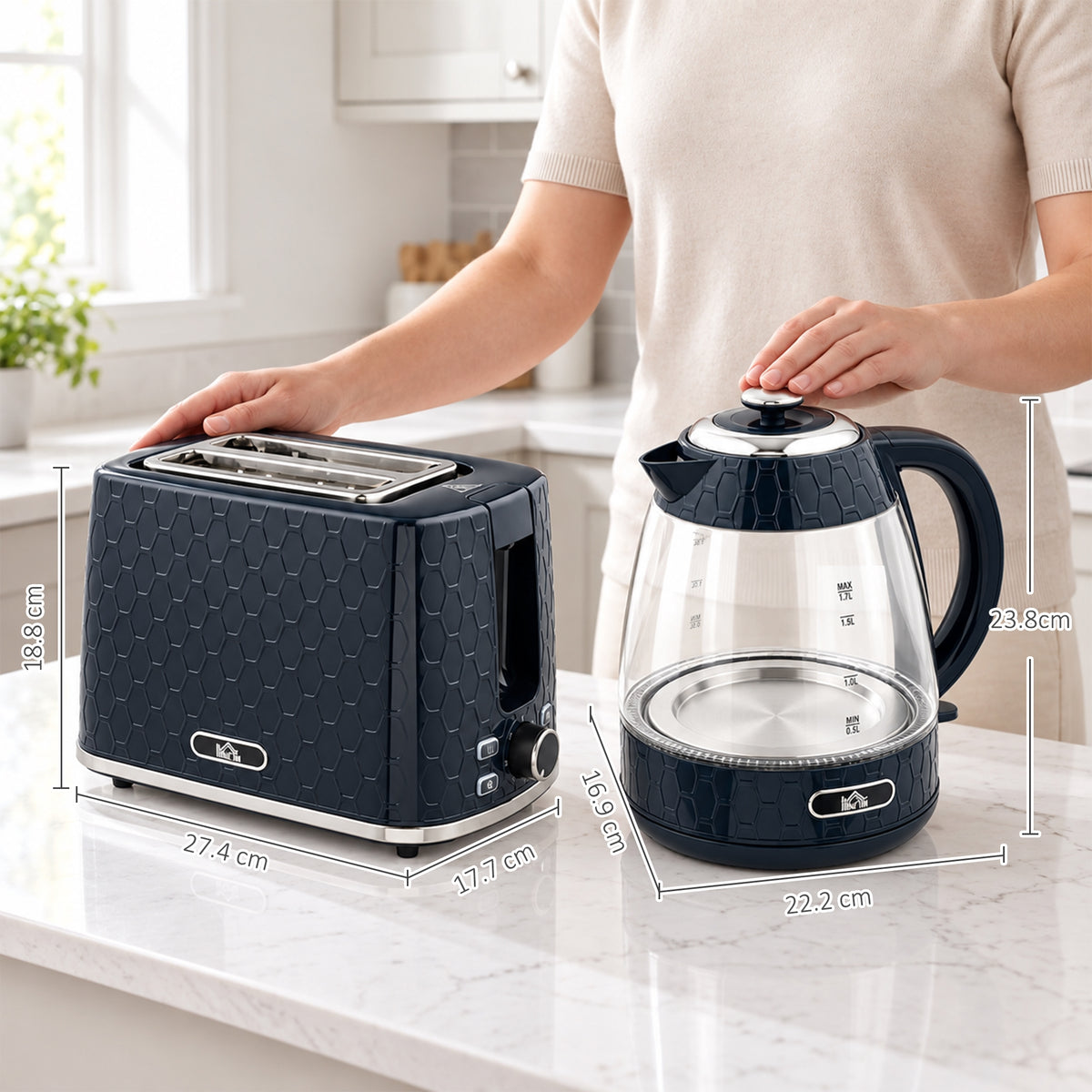 HOMCOM Kettle and Toaster Set, 1.7L 3000W Rapid Boil Jug Kettle with Limescale Filter, 2 Slice Toaster, Blue