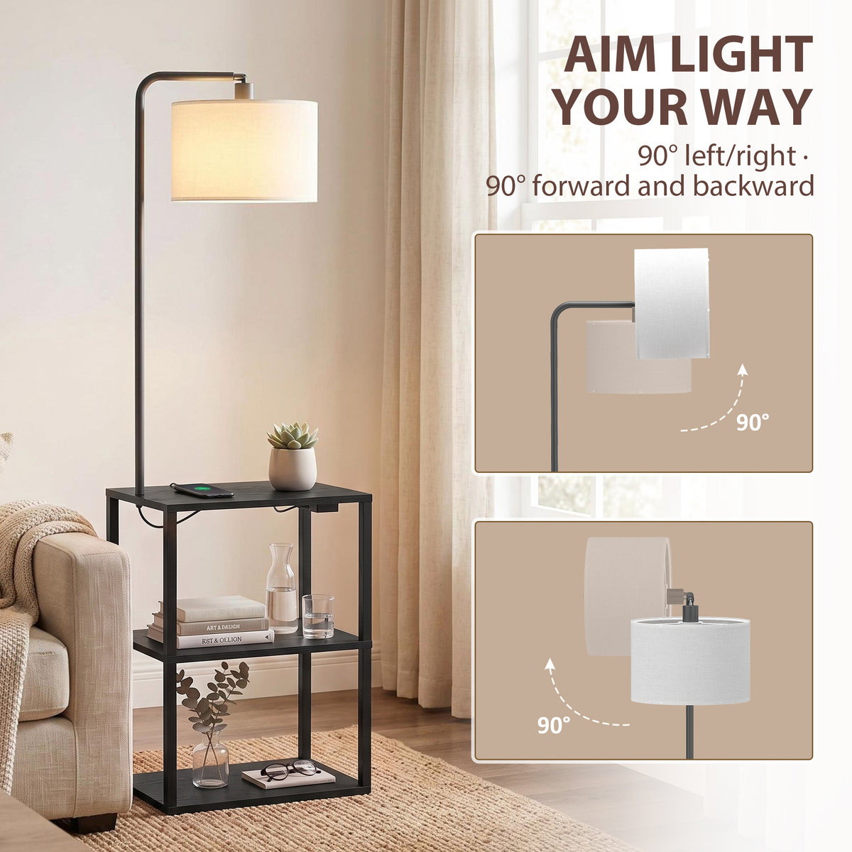 HOMCOM Dimmable Floor Lamp with Shelves, Charging Station, 3-Tier Storage Table, Adjustable Fabric Lampshade, Black