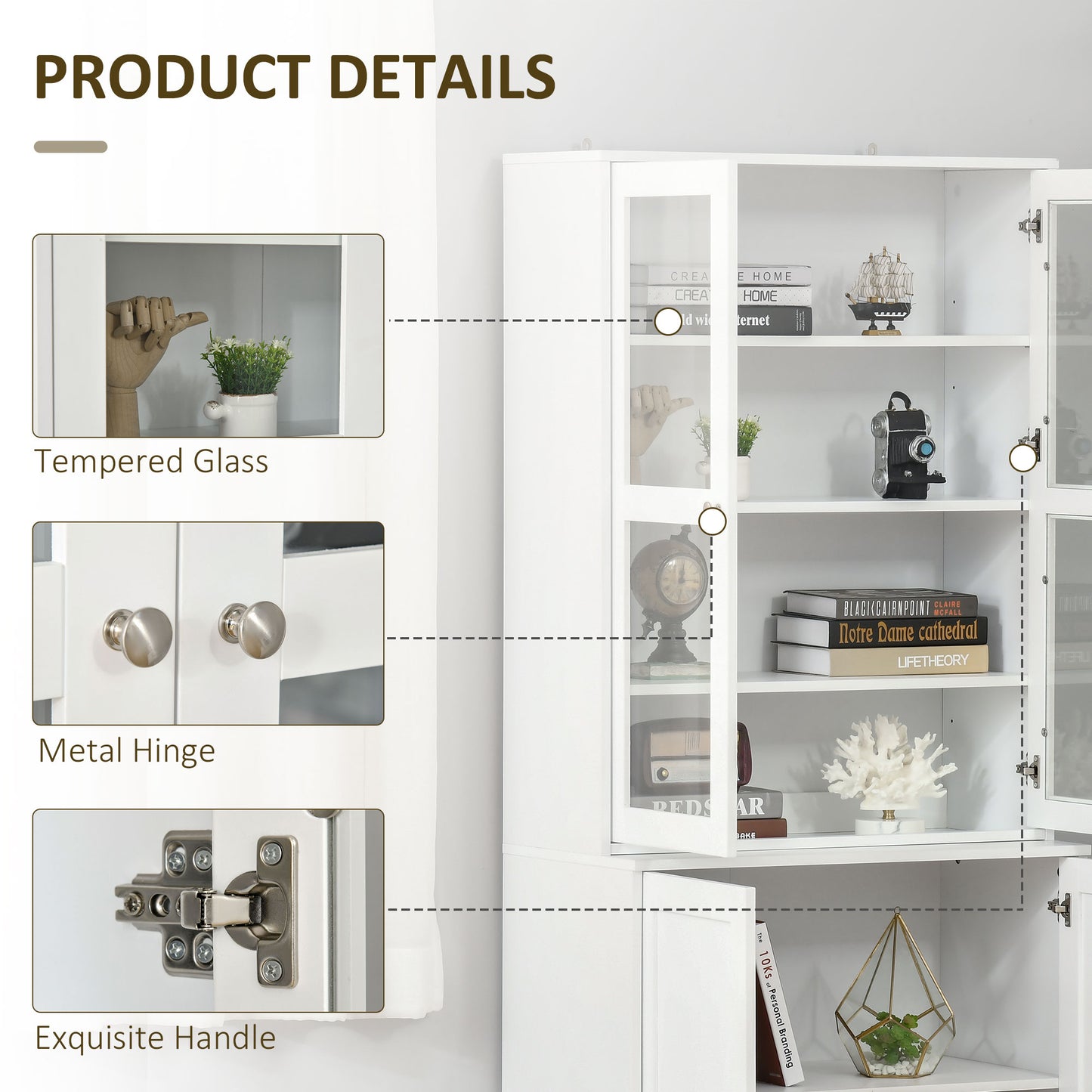 HOMCOM Modern Bookcase with Glass Doors, Display Storage Cabinet with Adjustable Shelves for Living Room, Study, Home Office, Kitchen Cupboard with Small Open Counter, White