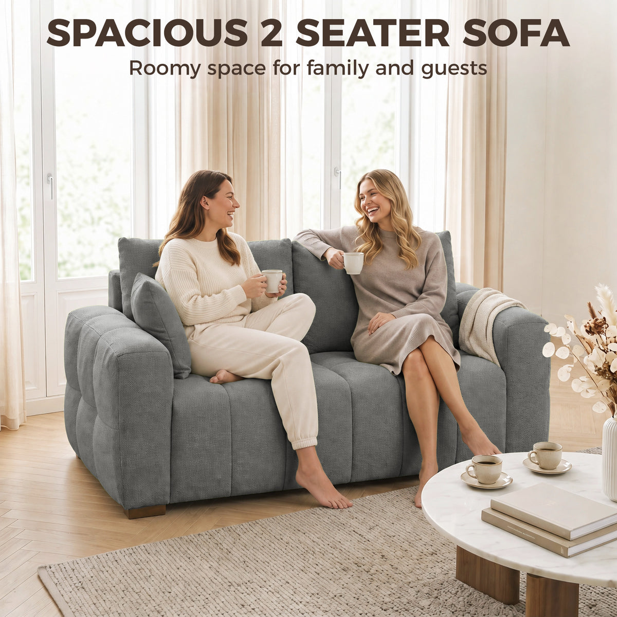 HOMCOM 2 Seater Sofa, Upholstered Velvet Small Couch for Bedroom with Pillows, Padded Cushion and Wood Legs, Grey