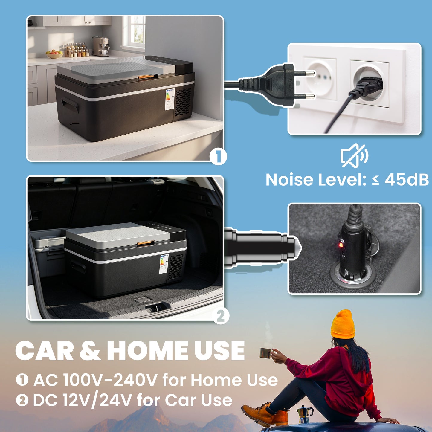 Outsunny 20L Compressor Car Fridge Freezer, Camping Refrigerator with App Control, 12/24V DC and 100-240V AC,