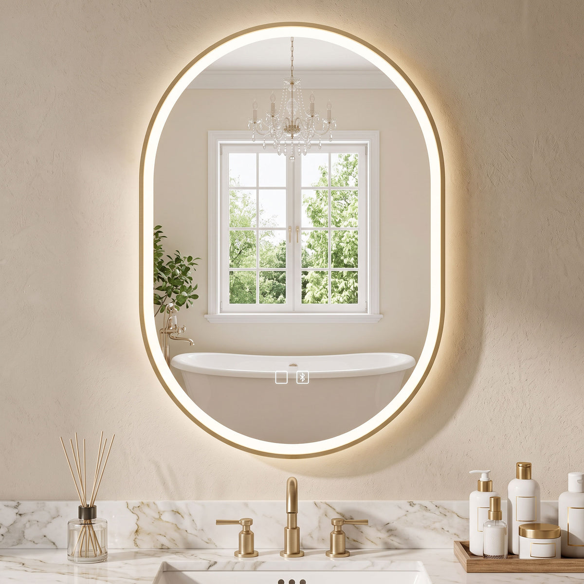 HOMCOM Bathroom Mirror with LED Lights, 100x70cm Oval Bathroom Mirror, Dimmable, Bluetooth, Anti-Fog, Gold Tone