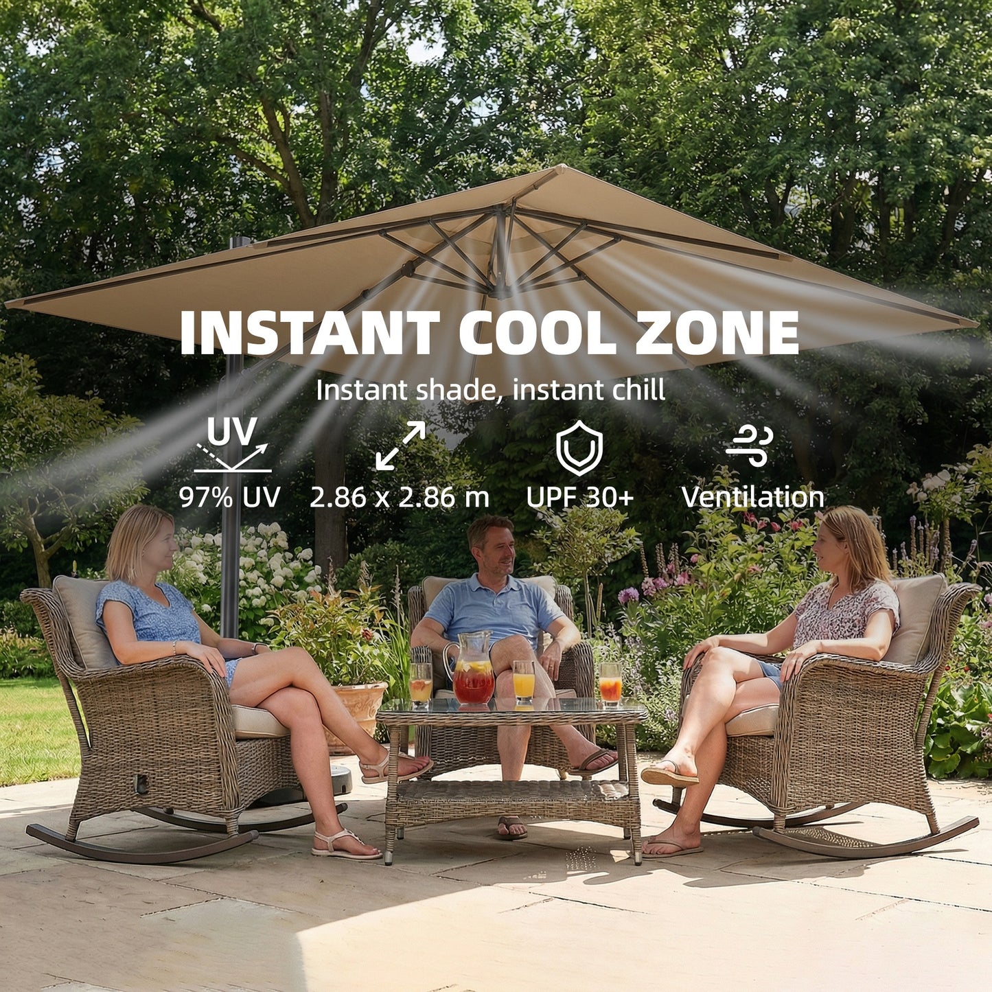 Outsunny 3 x 3 m Garden Cantilever Parasol with Light, Umbrella with Wind Protection, 360Â° Rotation, Khaki