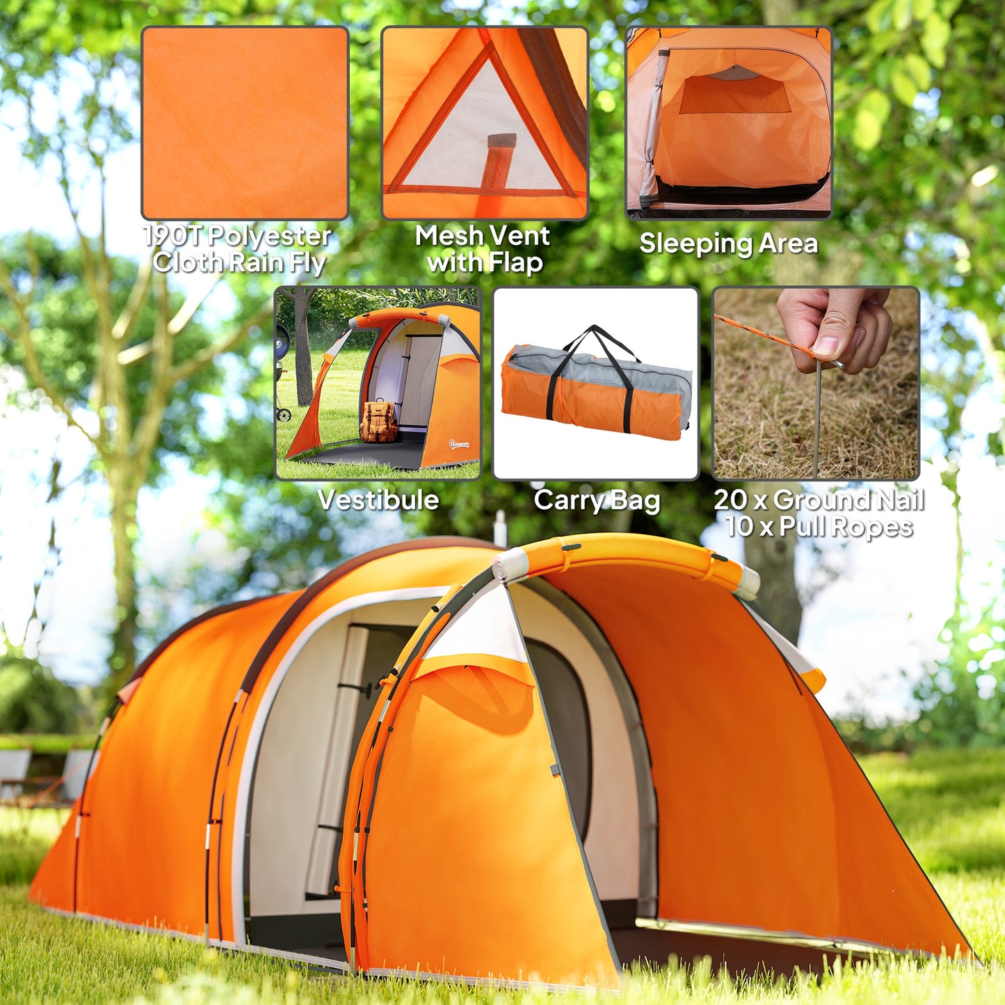 Outsunny 2-3 Man Tunnel Tents w/ Vestibule Camping Tent Porch Air Vents Weather-Resistant Shelter, Orange