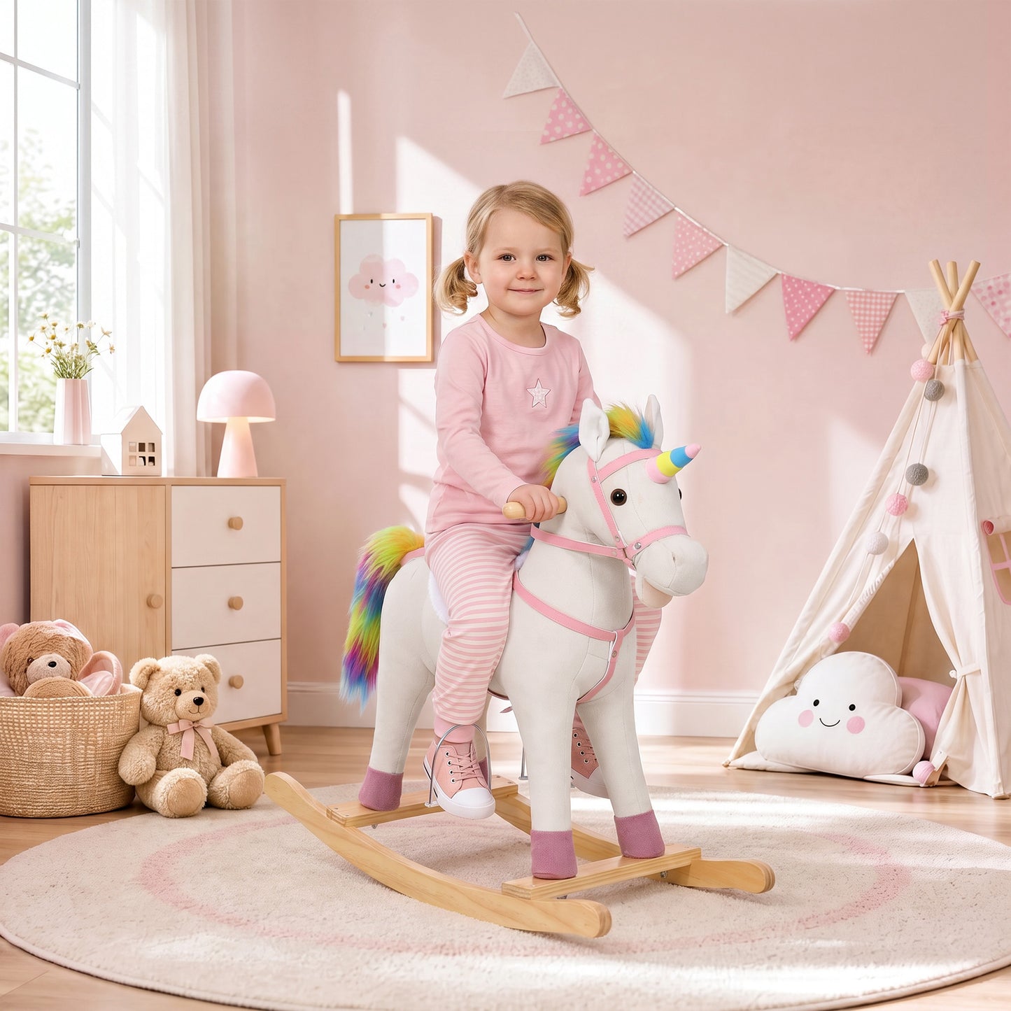 AIYAPLAY Rocking Horse, Unicorn Ride on Horse with Sounds and Stable Wooden Base for 1-3 Years, Cream White