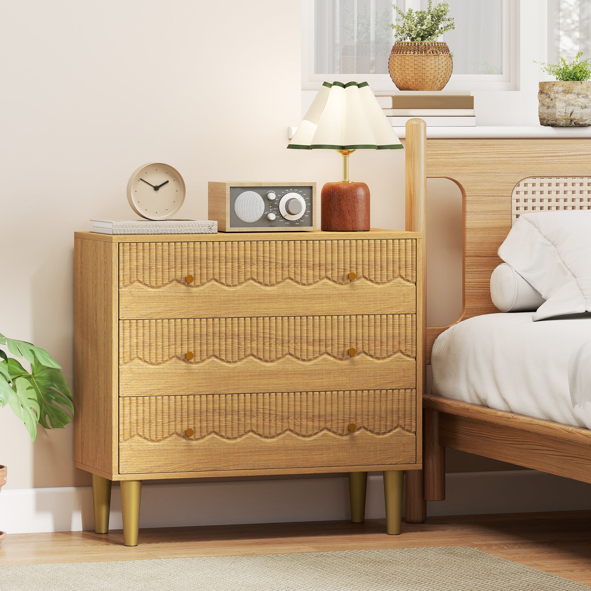 HOMCOM Dresser for Bedroom 3 Drawer Chest of Drawers with Steel Frame for Living Room in Oak