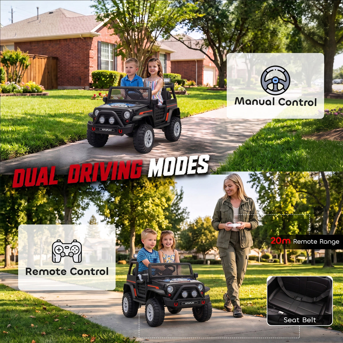 AIYAPLAY 12V Kids Electric Ride on Car with 2 Motors, Remote Control, Soft Start, Four-Wheel Suspension, Seat Belt