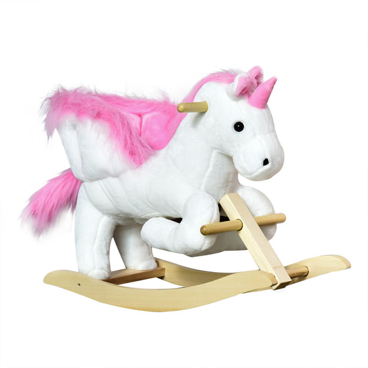 HOMCOM Kids Rocking Horse Toy, Plush Unicorn Rocker Seat with Wood Base and Music, for 1.5-3 Years