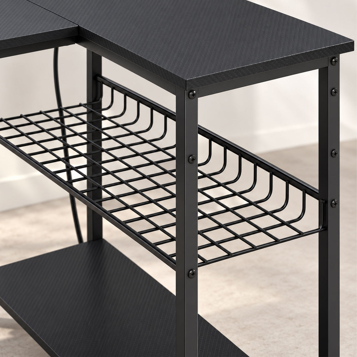 HOMCOM 114.5 cm L-Shaped Gaming Desk, Computer Desk with LED Lights, Power Station and Adjustable Mesh Shelf , Black