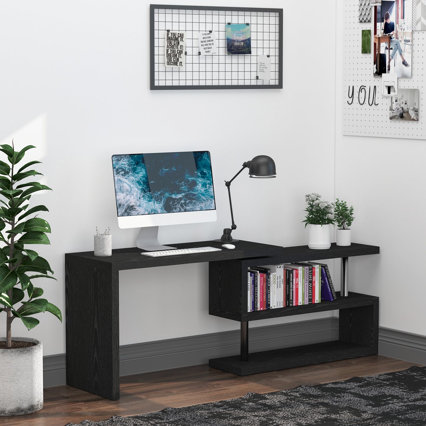 HOMCOM L Shaped Desk with 360Â° Rotating Storage Shelves, Corner Computer Desk, Space Saving Study Table for Home Office, Black