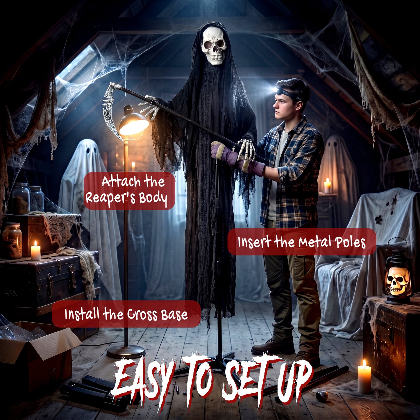 HOMCOM 183cm Life Size Animated Grim Reaper Halloween Decoration, Scary Halloween Animatronics Decor with Sound Touch Activated